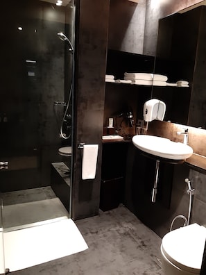 Un baño moderno con ducha de vidrio, un lavamanos blanco y un inodoro.