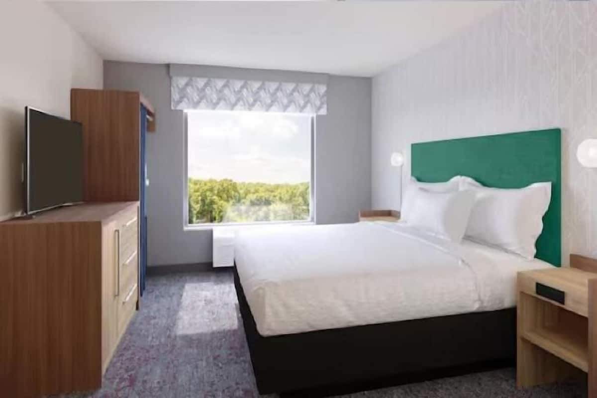 Habitación de hotel moderna con cama, televisor, ventana con vistas a zonas verdes y un armario de madera.