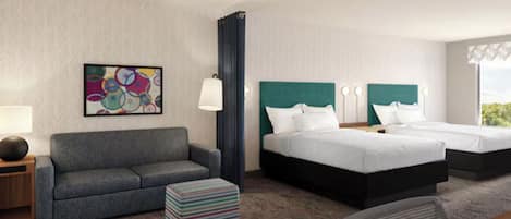 Desk, laptop workspace, blackout curtains, soundproofing