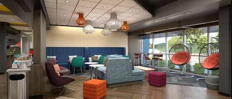 A modern lounge area with seating, tables, and large windows offering views.