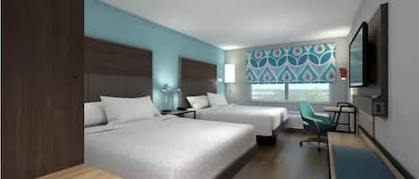 A hotel room with two beds, a desk, a chair, and a TV.