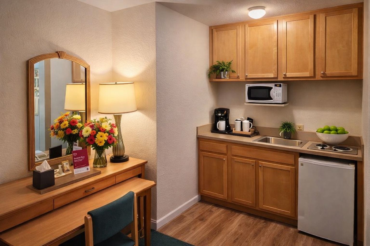 A compact kitchen with wooden cabinets, a microwave, a coffee maker, and a bowl of fruit.