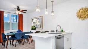 A modern kitchen with a central island, white cabinetry, and a built-in dishwasher.