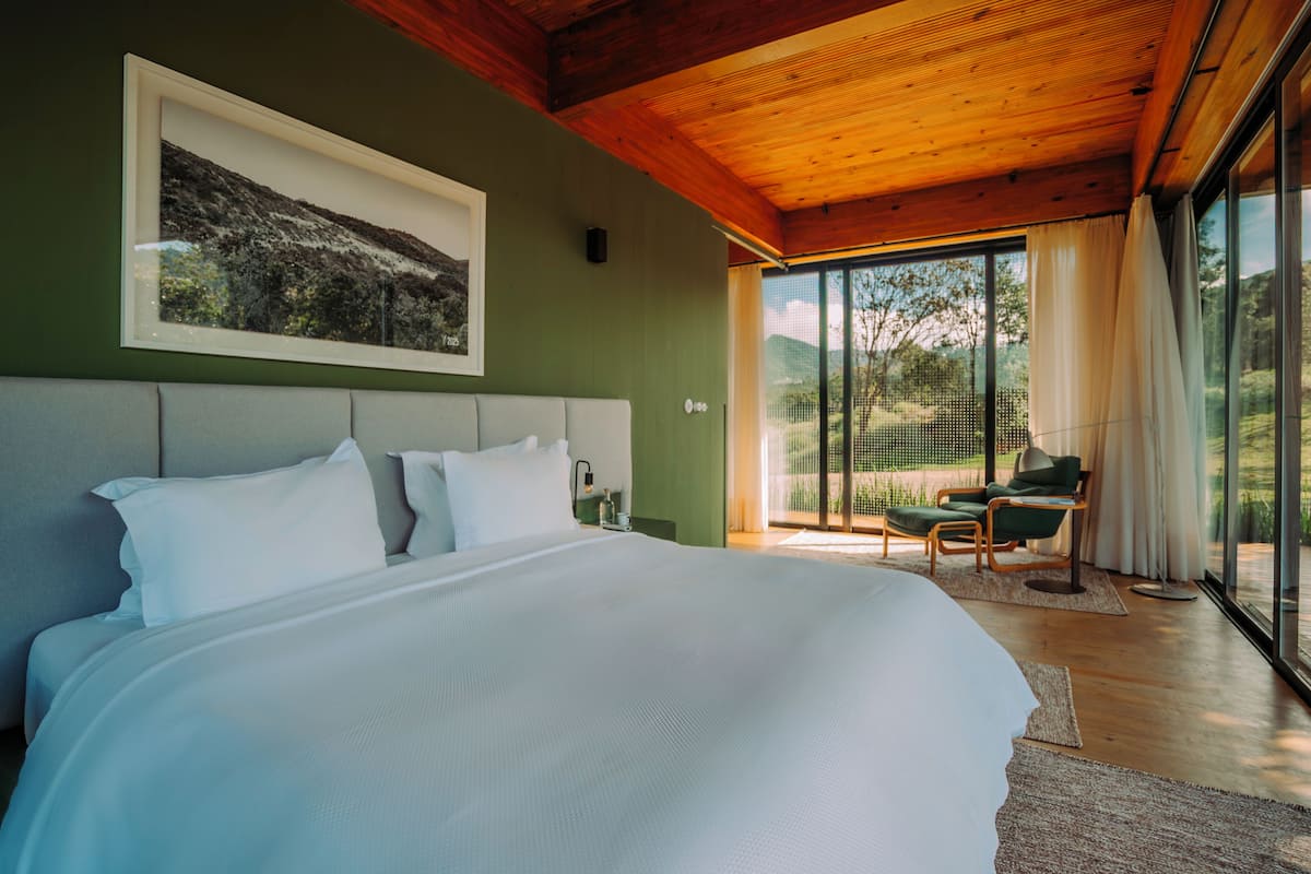 A bedroom with a large bed, a framed picture on the wall, and a view of the outdoors through a glass door.