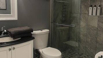 Shower, hair dryer, towels, soap