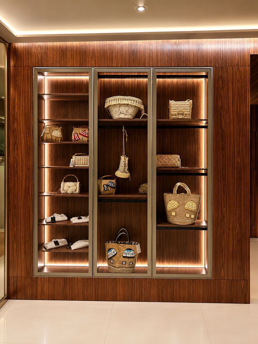 Un mueble de madera con varios estantes, cada uno exhibiendo distintos bolsos y accesorios.