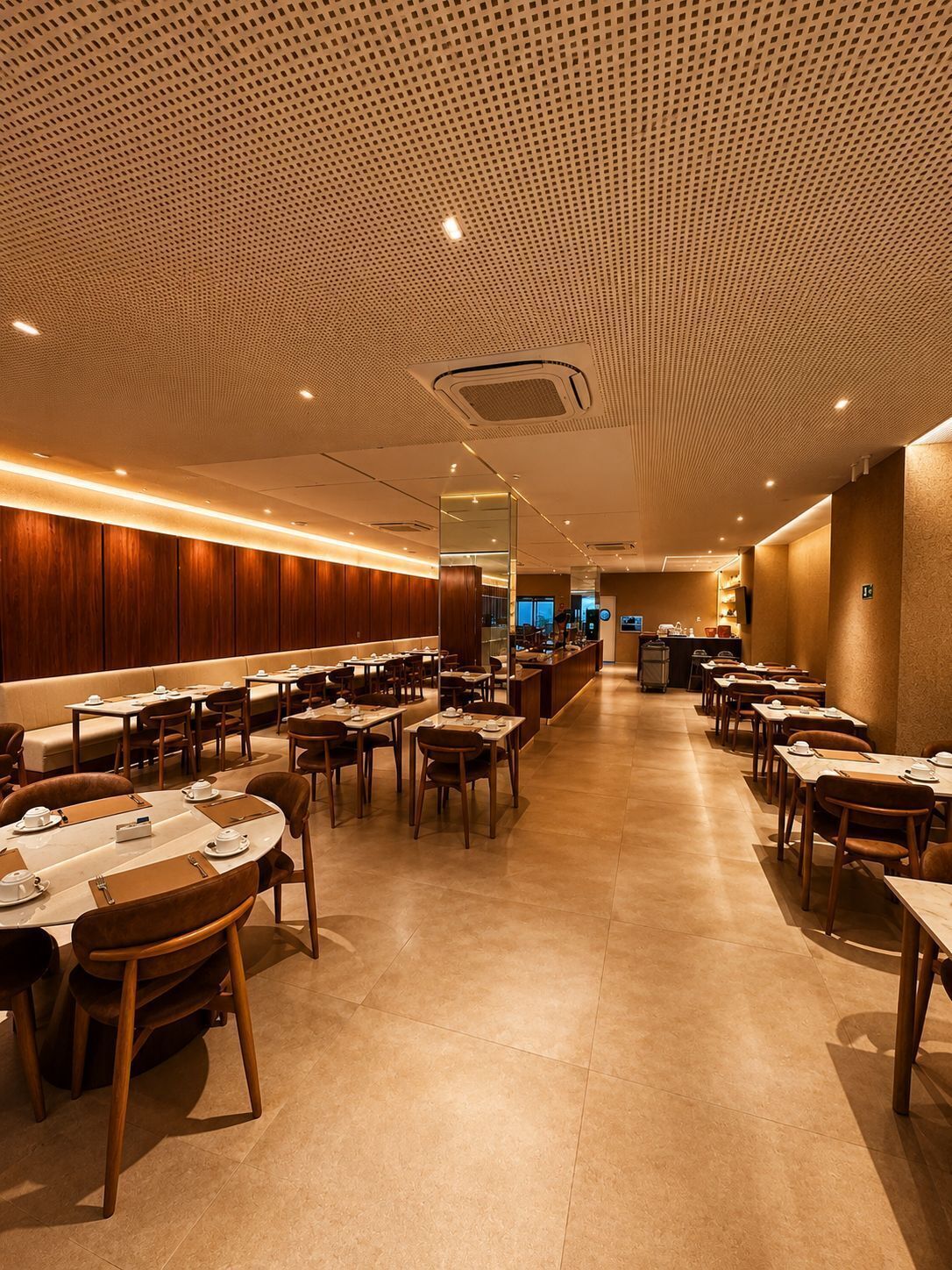 Ein geräumiges Restaurant mit mehreren Tischen und Sitzecken, einer hohen Decke mit Muster und warmer, stimmungsvoller Beleuchtung.