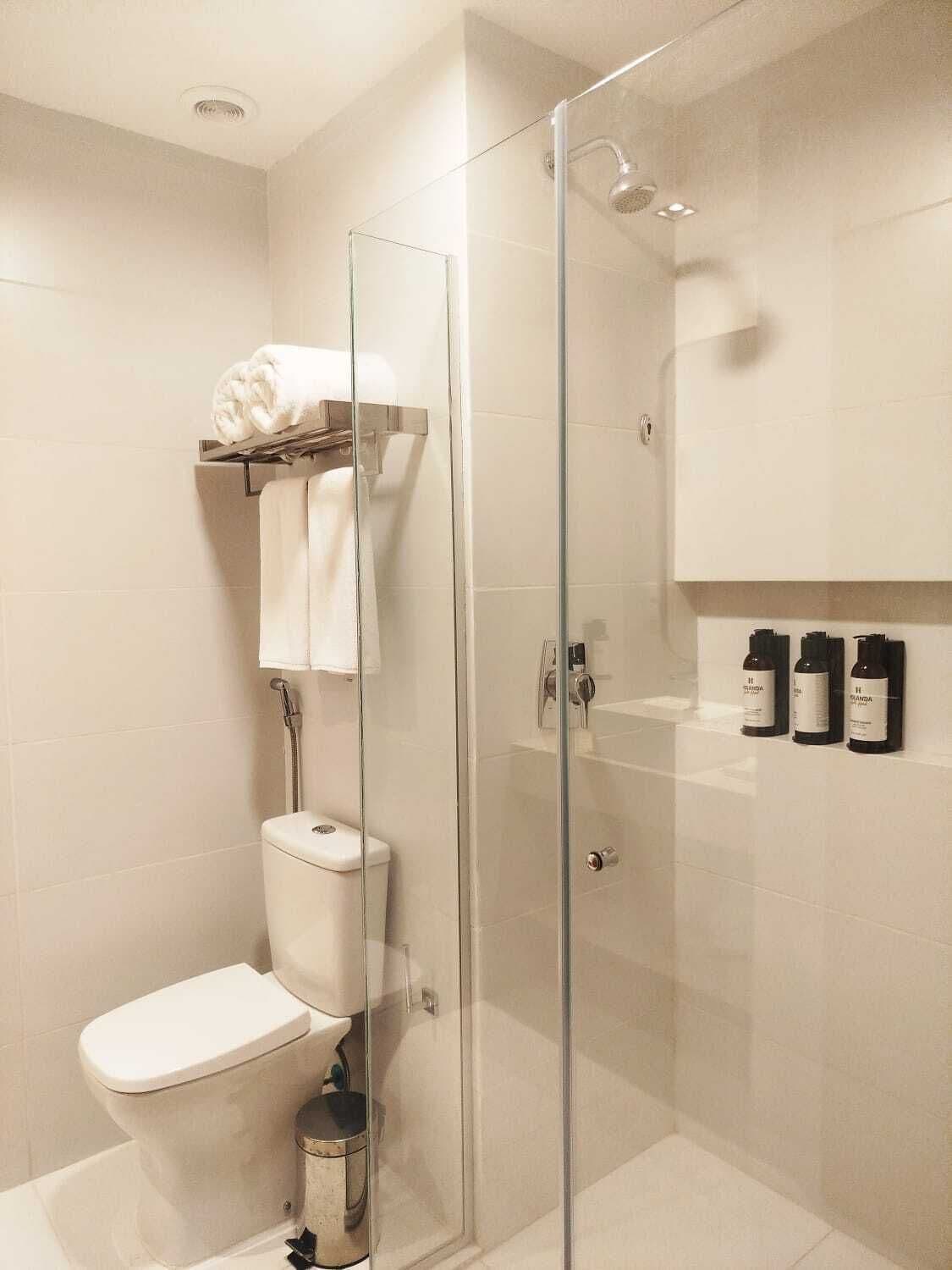 Shower, free toiletries, towels, soap