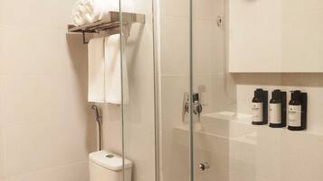 Shower, free toiletries, towels, soap