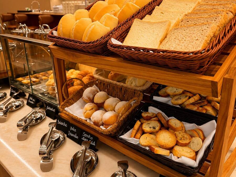Un mostrador de buffet amb diferents tipus de pa i pastissos, acompanyat de cubertes i etiquetes de condiments.