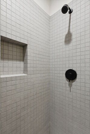 Regadera, toallas, jabón, papel de baño 