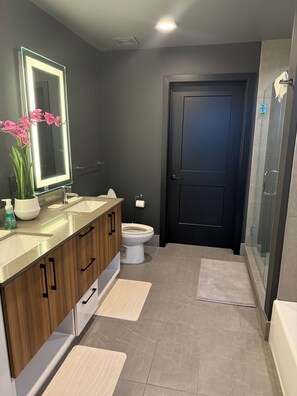 Hair dryer, towels, soap, toilet paper