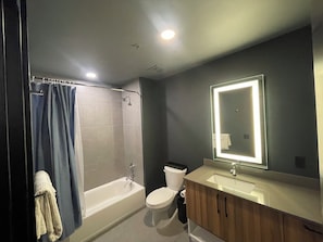 Hair dryer, towels, soap, toilet paper