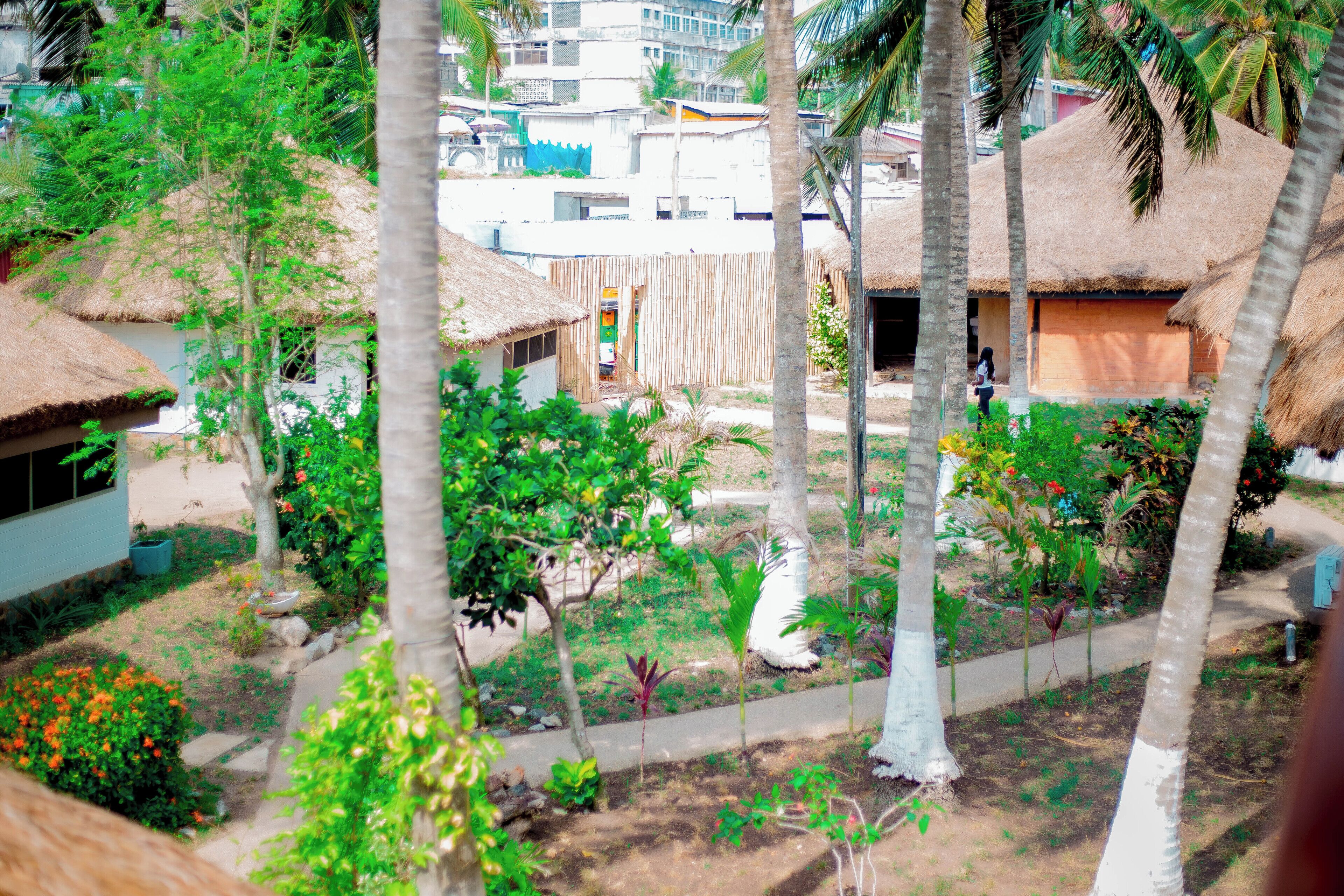 A tropical garden with thatched-roof huts, palm trees, and a pathway.