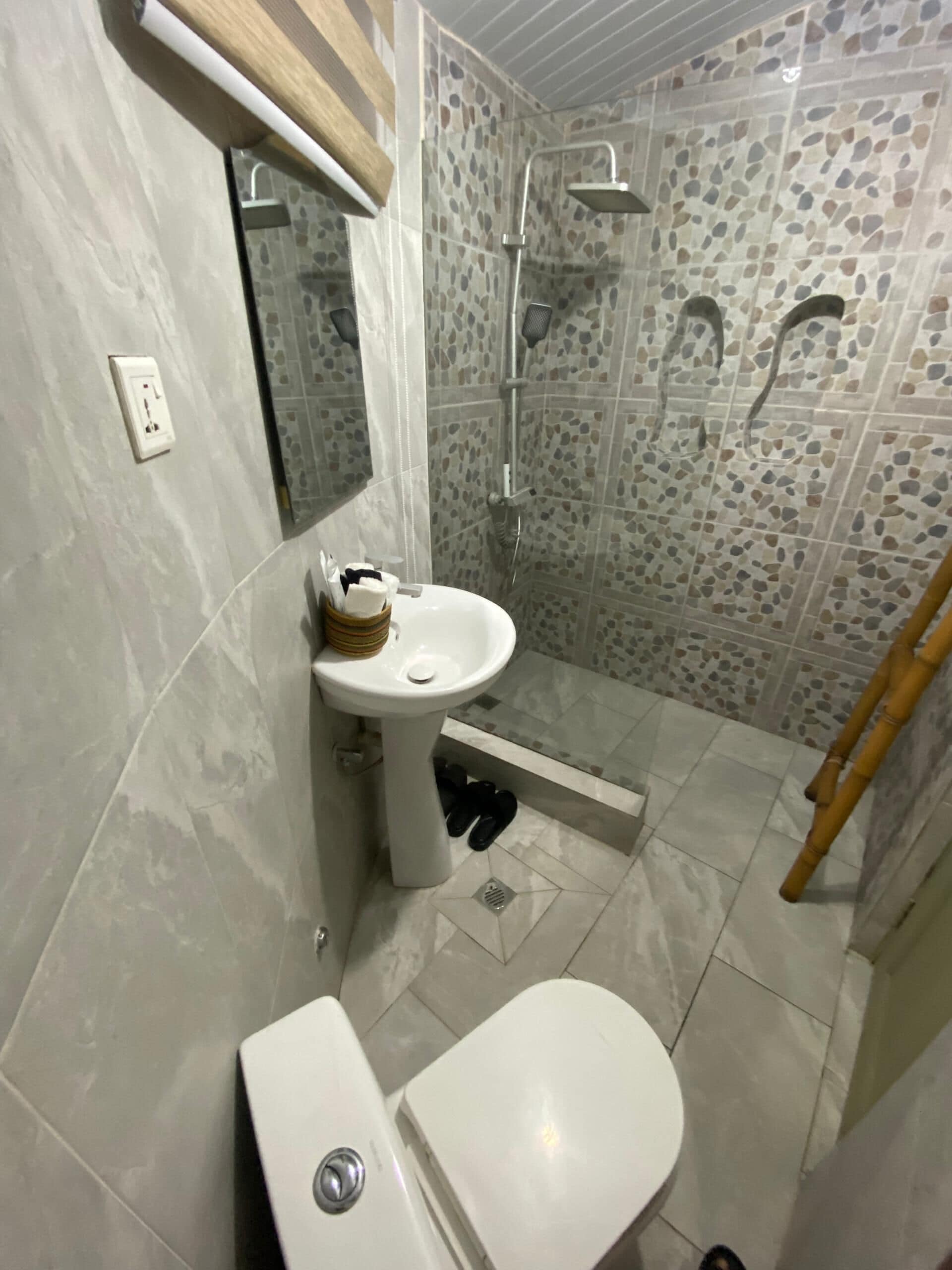 A bathroom with a toilet, sink, and shower.