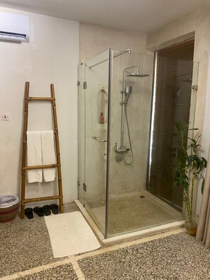 Shower, free toiletries, hair dryer, towels