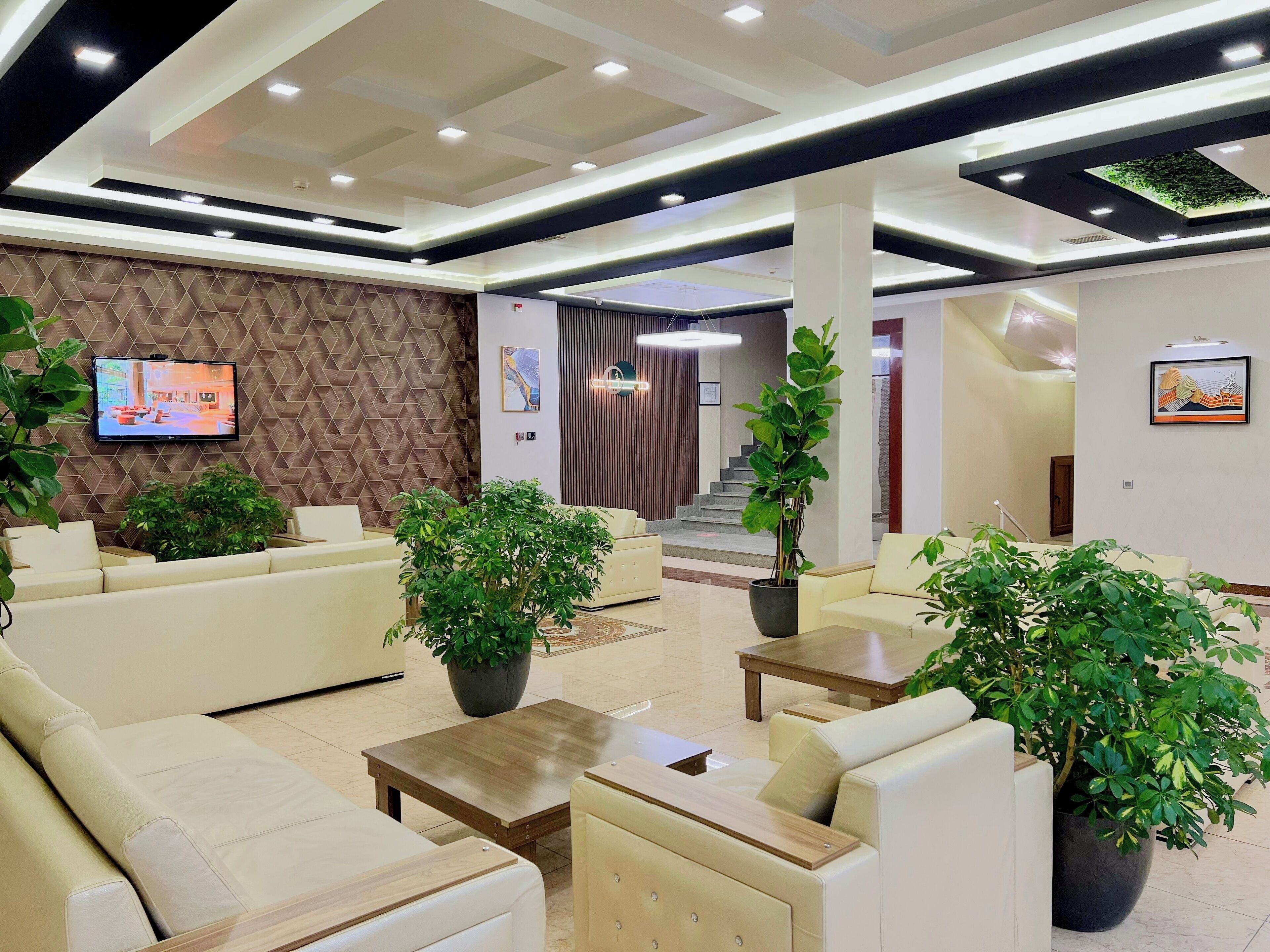 A modern lobby with sofas, a TV, and potted plants.