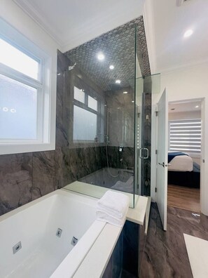 Shower, jetted tub, hair dryer, towels
