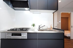 Een moderne keuken met een gasfornuis, een inbouwoven en een spoelbak.