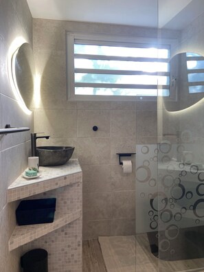 Hair dryer, towels, soap, toilet paper