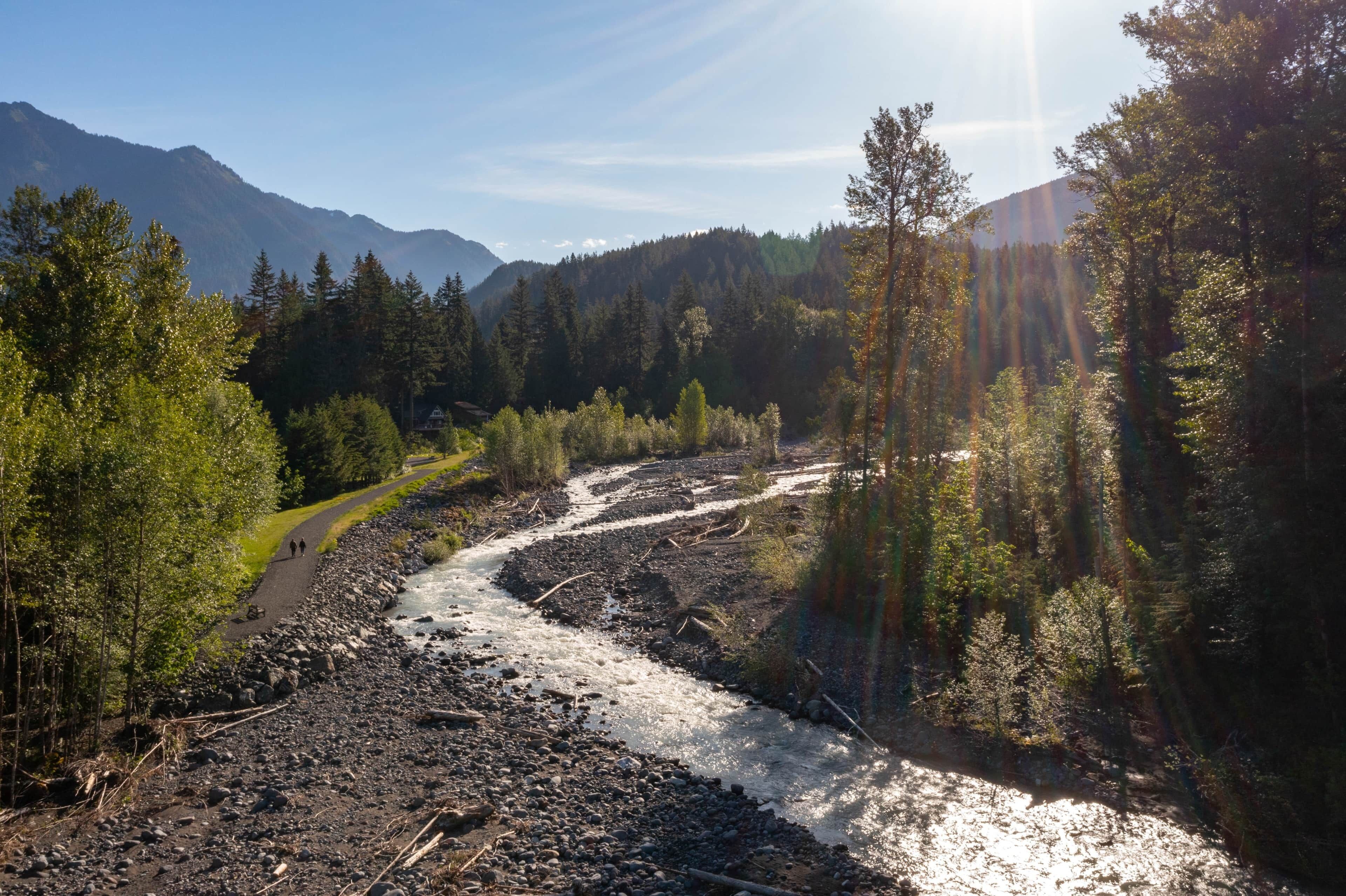 A river with a rocky path, surrounded by dense forest and mountains.