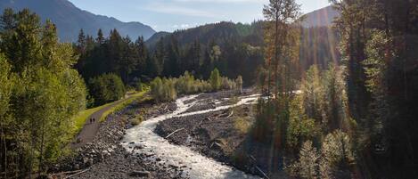 A river with a rocky path, surrounded by dense forest and mountains.