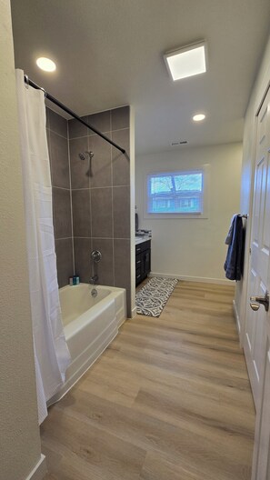 Shower, towels, soap, shampoo