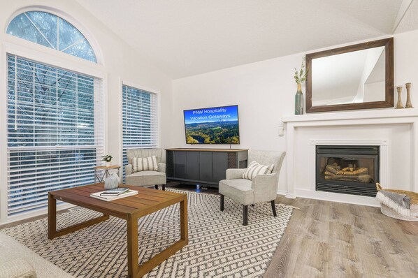 Smart TV, fireplace, video games, foosball