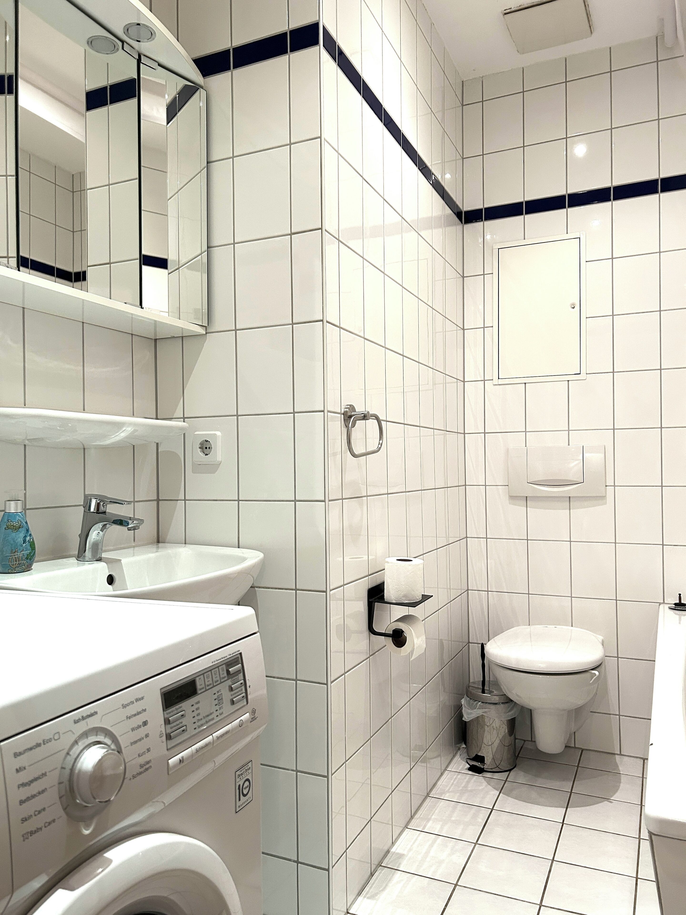Hair dryer, towels, soap, toilet paper