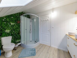 Shower, free toiletries, hair dryer, towels