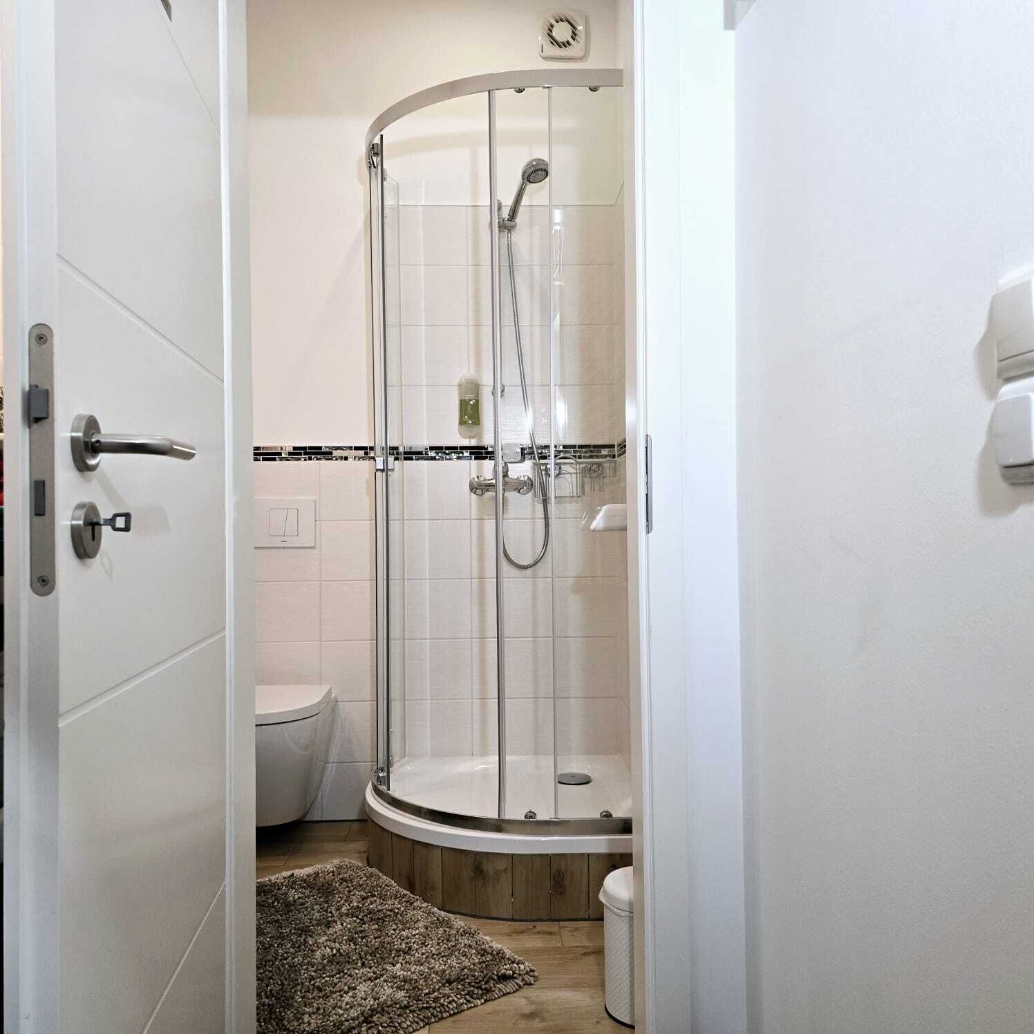 A modern bathroom with a glass-enclosed shower, a toilet, and a sink.