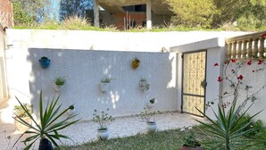 A courtyard with potted plants, a white wall, and a gate. - Cozy 2-Bedroom one level house in La Marsa – Perfect Location & Comfort! (La Marsa)