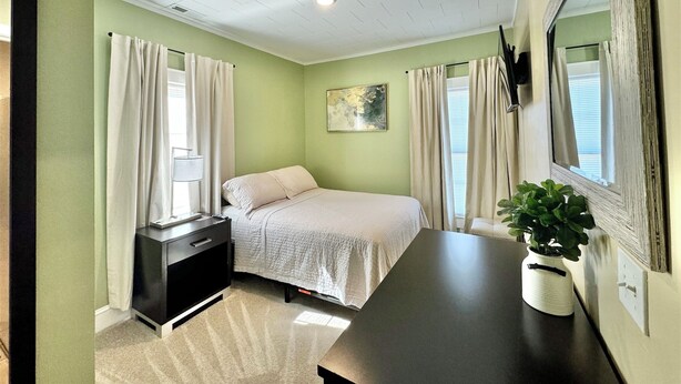A bedroom with a bed, a dresser, a mirror, and a plant.