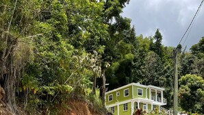 A two-story house with a green exterior and white trim, surrounded by lush greenery and a winding concrete path. - Providence,where nature meets home, every path leads to peace.
Strong WIFI, AC. (Mahaut)
