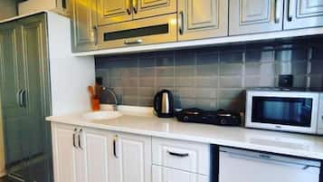 Kühlschrank, Mikrowelle, Herdplatte, Wasserkocher mit Kaffee-/Teezubehör