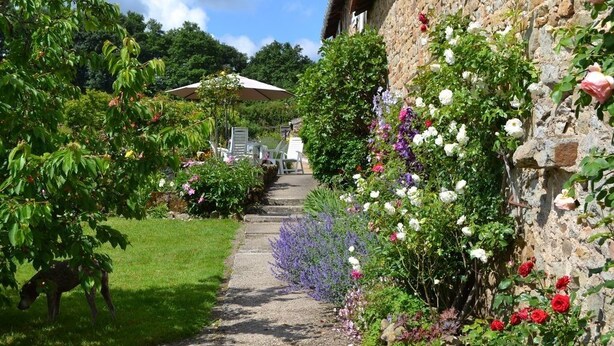 Un sendero de jardín que lleva a un edificio de piedra con flores blancas y césped.