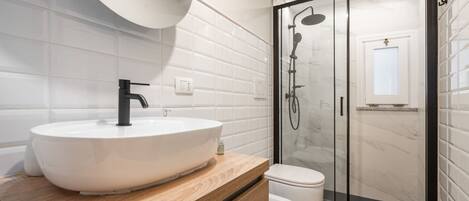 Shower, hair dryer, bidet, towels