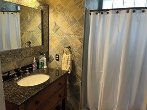 Bathroom features a granite countertop sink, mirror, and towel rack, with a shower curtain and diamond-patterned tiles.