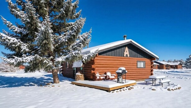 A log cabin with a snow-covered roof, a chimney, and a small porch with outdoor seating. - "A" Antelope Cabin - South Fork (South Fork)