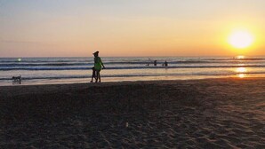 A beach scene with a sunset, ocean waves, and silhouettes of people and a dog.