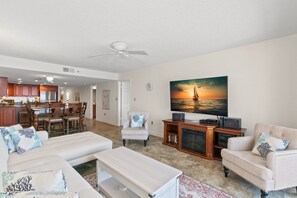 TV, fireplace, DVD player, computer monitors