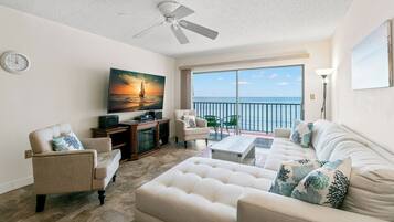 TV, fireplace, DVD player, computer monitors