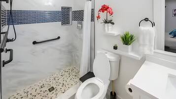 Hair dryer, towels, soap, shampoo