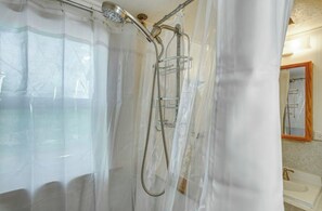 Hair dryer, towels, soap, shampoo