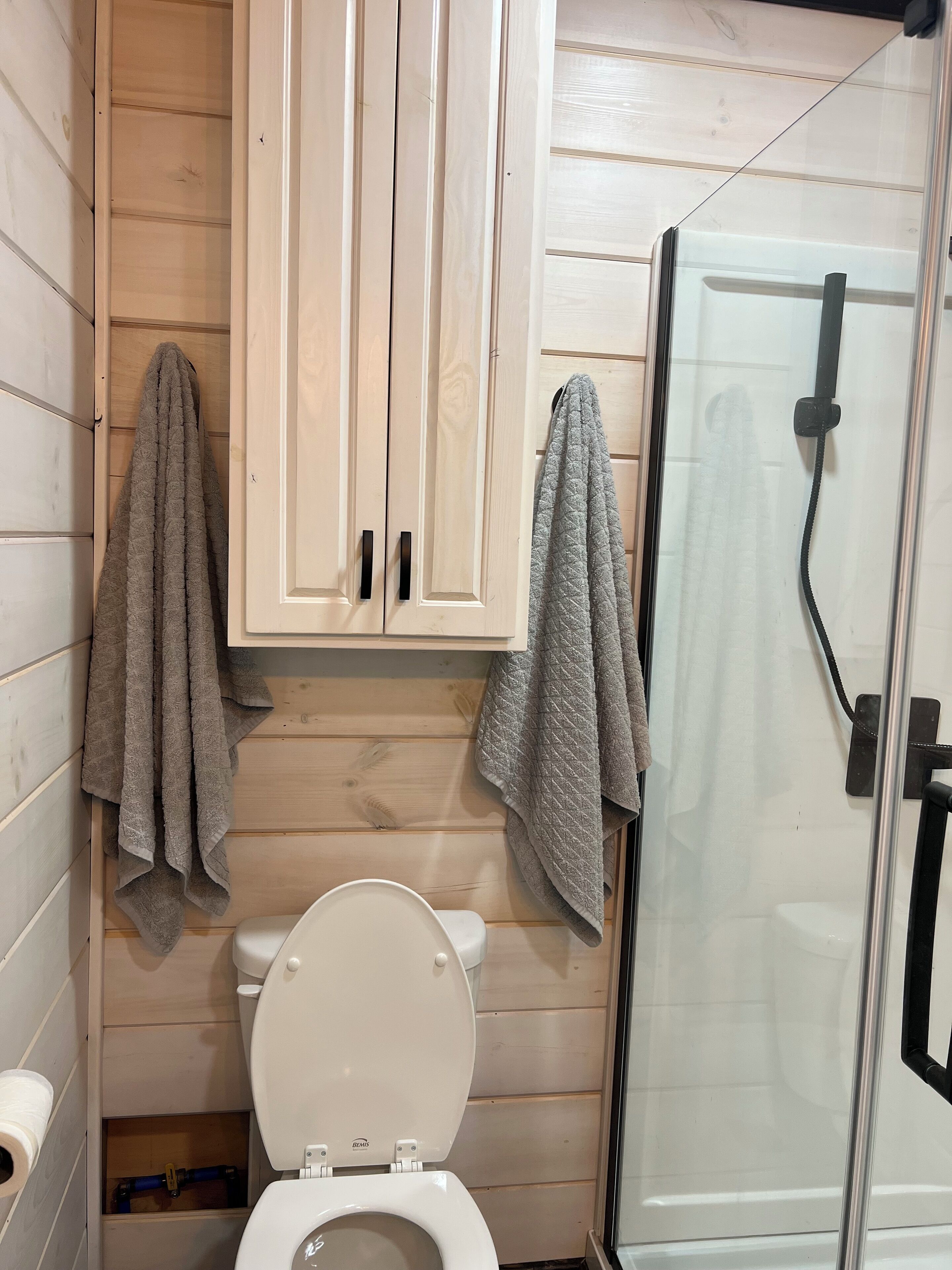 Shower, towels, soap, toilet paper