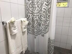 Shower, hair dryer, towels, soap