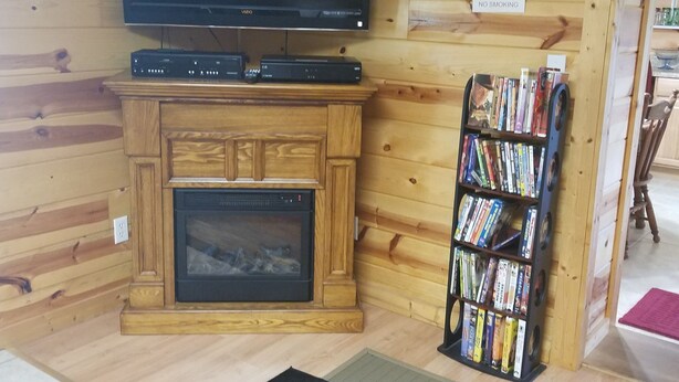 Une pièce confortable avec un téléviseur à écran plat, une cheminée et une bibliothèque.