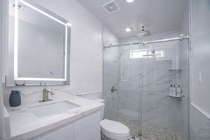 Hair dryer, towels, soap, shampoo