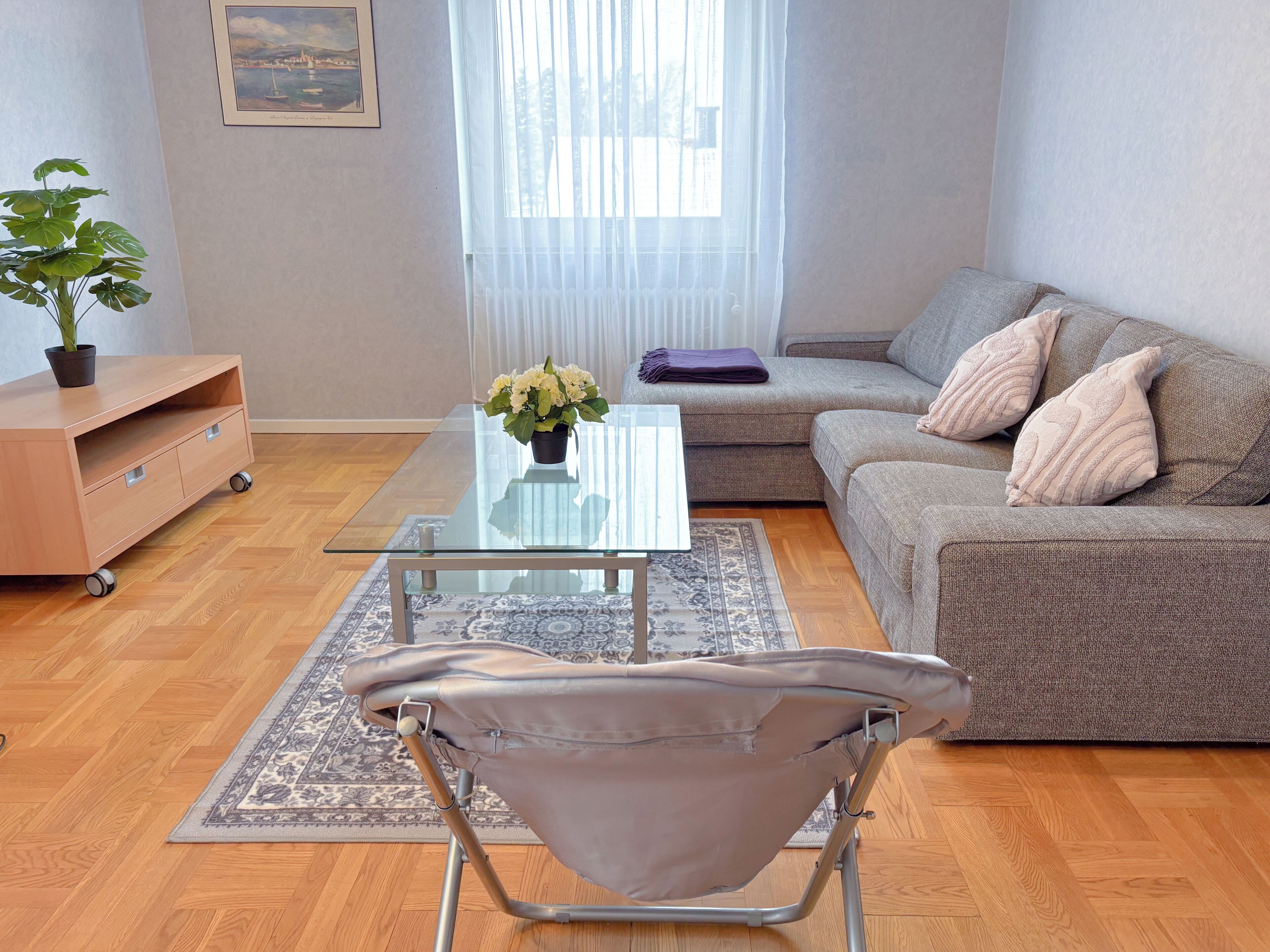 A modern living room with a glass coffee table, a grey sofa with decorative pillows, a small plant, and a folding chair.