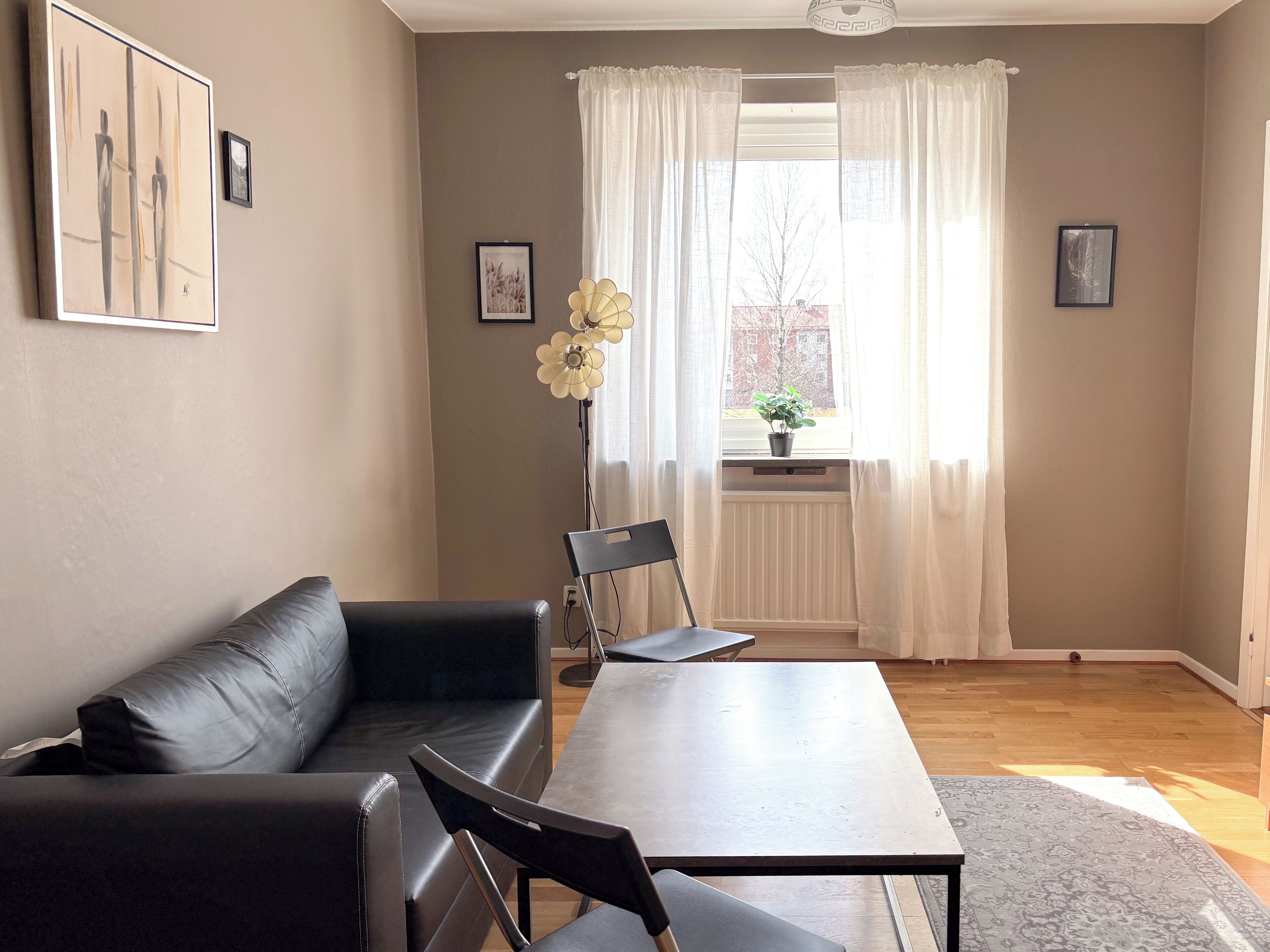 A living room with a black leather sofa, a wooden dining table, and a potted plant by the window.